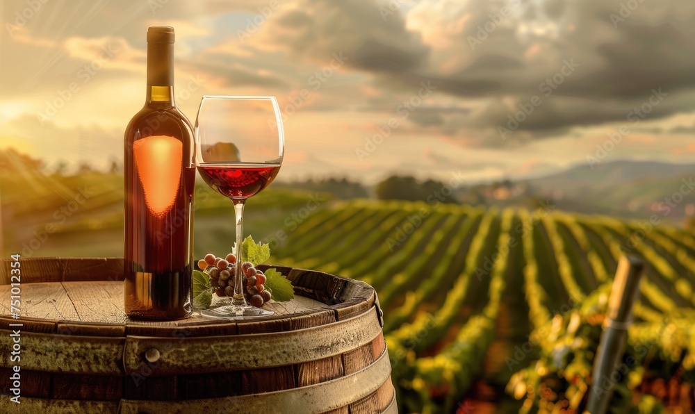 Glass of red wine and bottle, on a wine barrel. Vineyard background