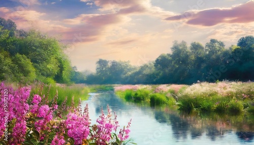 dreamy surreal landscape river vegetation and flowers pastel colours desaturated digital illustration