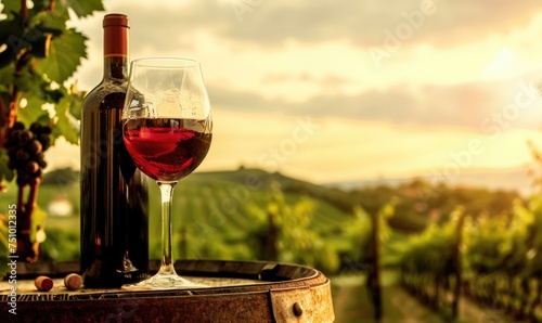 Glass of red wine and bottle  on a wine barrel. Vineyard background