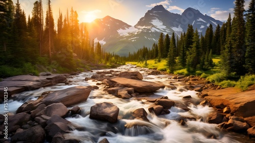 Panoramic view of a mountain river at sunset. Rocky Mountains National Park, Colorado, USA.