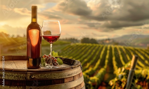 Glass of red wine and bottle  on a wine barrel. Vineyard background