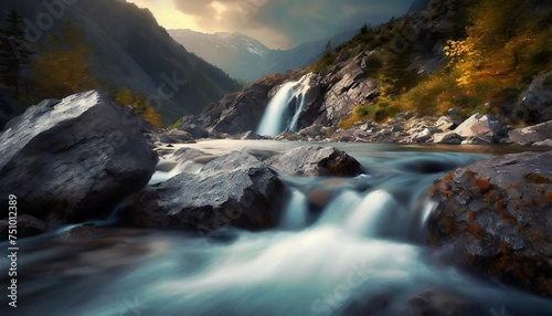 waterfall on a rocky river in the mountains
