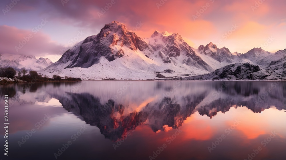 Panoramic view of snow-capped mountain peaks reflected in lake at sunset