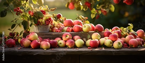 A rustic wooden table is filled with a bountiful harvest of red and green apples, freshly picked from the nearby tree branches in an apple garden. The vibrant colors and natural setting evoke the