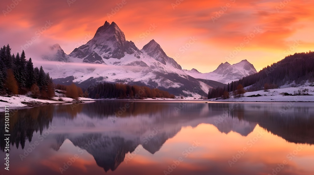 Panoramic view of snow capped mountain and lake at sunset.