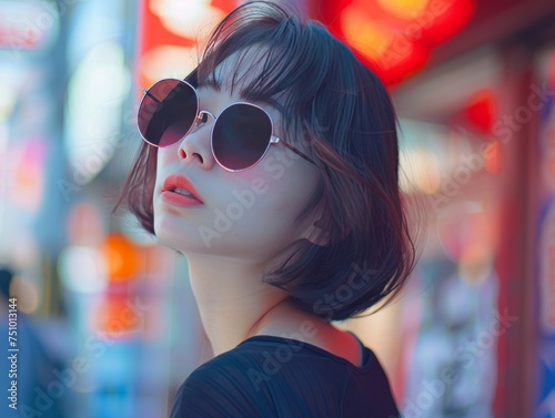 Close-up of an Asian woman with round sunglasses and short bowl-cut hair with bangs posing in the Chinatown area. Created with Generative AI.