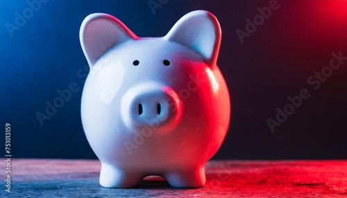 close up piggy bank on a dark background with red blue backlight banking concept bright neon lights
