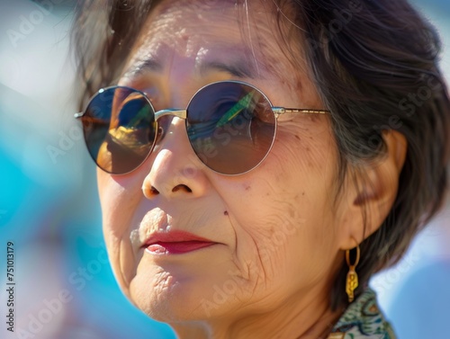 Close-up of an elderly Asian woman wearing round sunglasses while being illuminated by the sun. Created with Generative AI.