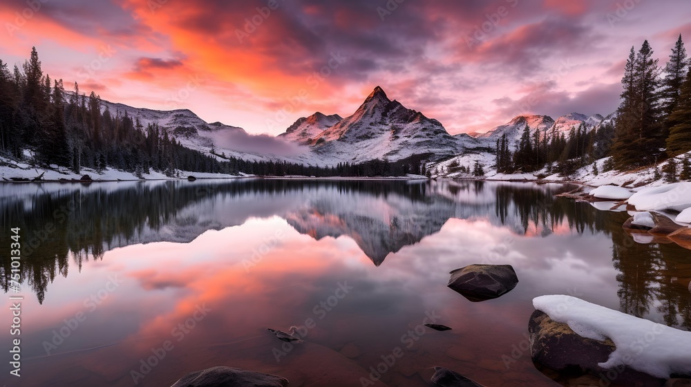 Panoramic view of snowy mountain lake with reflection in water at sunset