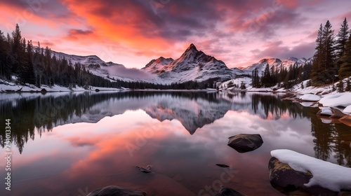 Panoramic view of snowy mountain lake with reflection in water at sunset © Iman