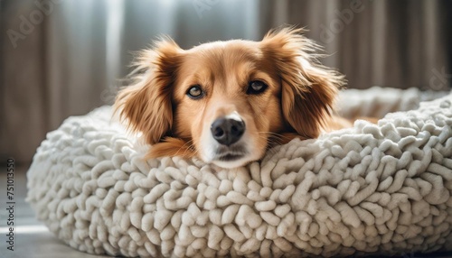 close up of a cute dog blissful time relaxing in a fluffy modern bed the gentle expression of a cute dog relaxing in the blanket is healing