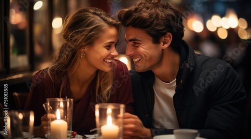 Amidst a warm restaurant ambiance, a happy couple in love shares smiles and laughter, their connection evident in the joyous atmosphere of shared moment and romantic bliss