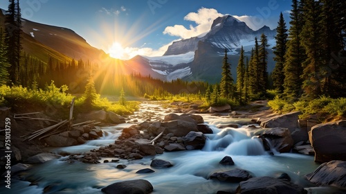 Mountain river at sunset in the Canadian Rockies. Panorama.