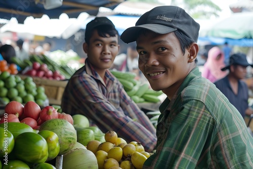 an Indonesian young male trader selling at the market