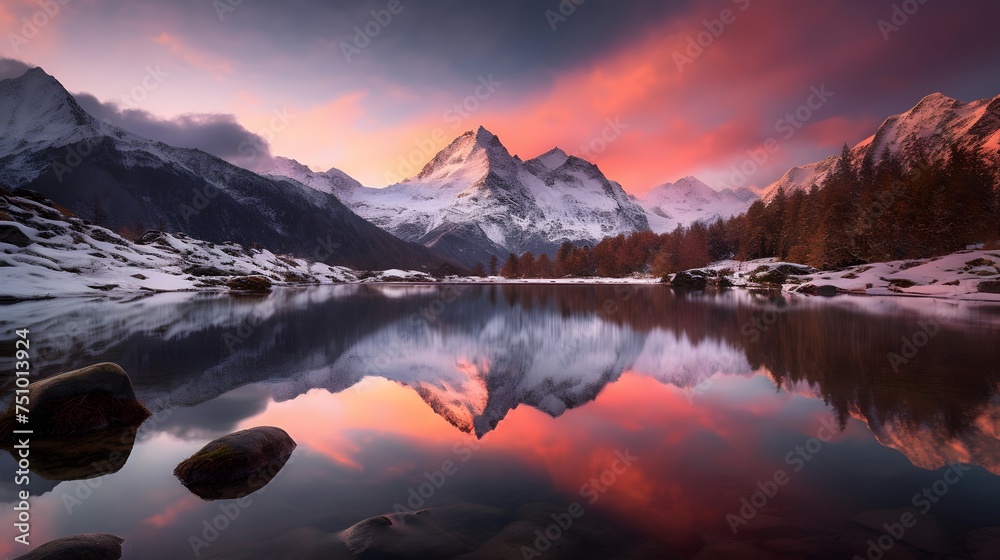 Panoramic view of snow capped mountain range with reflection in water at sunrise.
