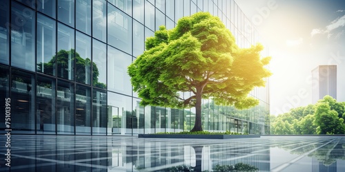 Eco-friendly building in the modern city. Sustainable glass office building with trees for reducing heat and carbon dioxide. Office building with green environment.
