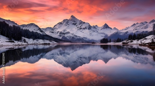 A panorama of a mountain lake at sunrise with reflection in the water