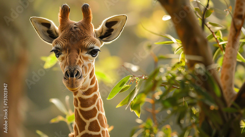 Curious baby giraffe reaching for leaves