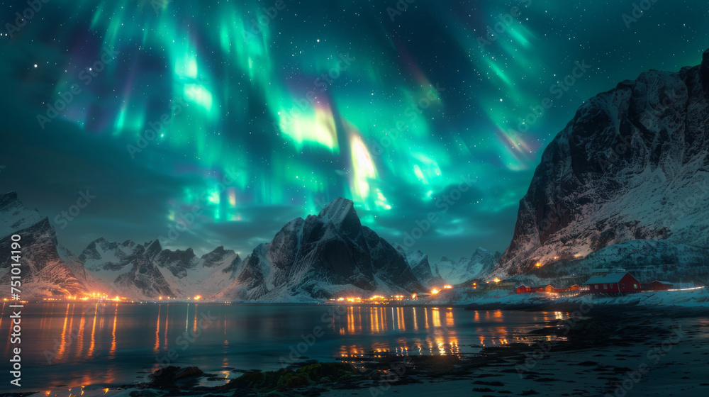 Green and purple aurora borealis over snowy mountains. Northern lights in Lofoten islands, Norway. Starry sky with polar lights. Night winter landscape with aurora, high rocks, beach. Travel. Scenery. Green and purple aurora borealis over snowy mountains. Northern lights in Lofoten islands, Norway. Starry sky with polar lights. Night winter landscape with aurora, high rocks, beach. Travel. Scenery.
