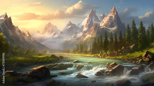 Fantastic panoramic mountain landscape with a mountain river. © Iman