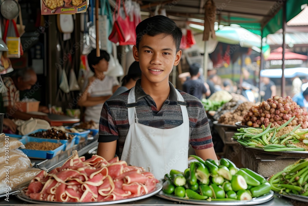 Fototapeta premium an Indonesian young male trader selling at the market