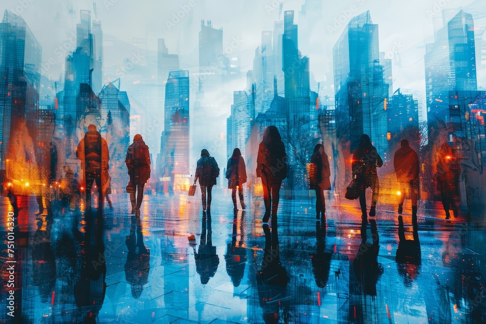 Abstract depiction of urban environment with people silhouettes Abstract depiction of urban environment with people silhouettes