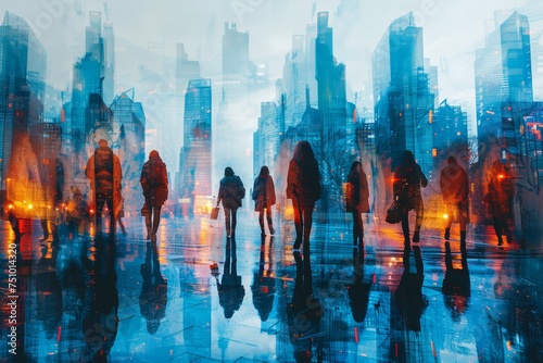 Abstract depiction of urban environment with people silhouettes