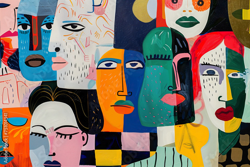 Vibrant Tapestry of Abstract Faces in Bold Graphic Patterns for Modern Decor