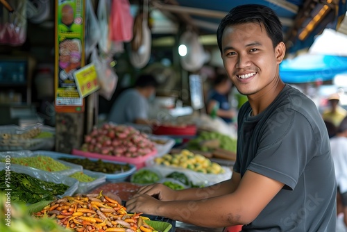 an Indonesian young male trader selling at the market