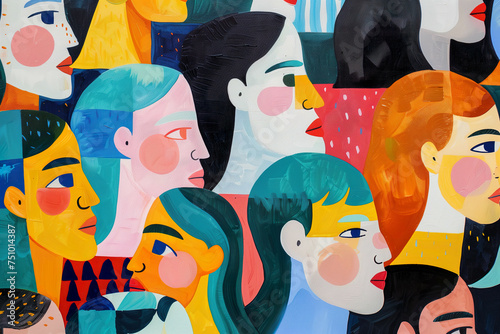 Eclectic Confluence of Stylized Faces with Geometric Accents in Contemporary Art
