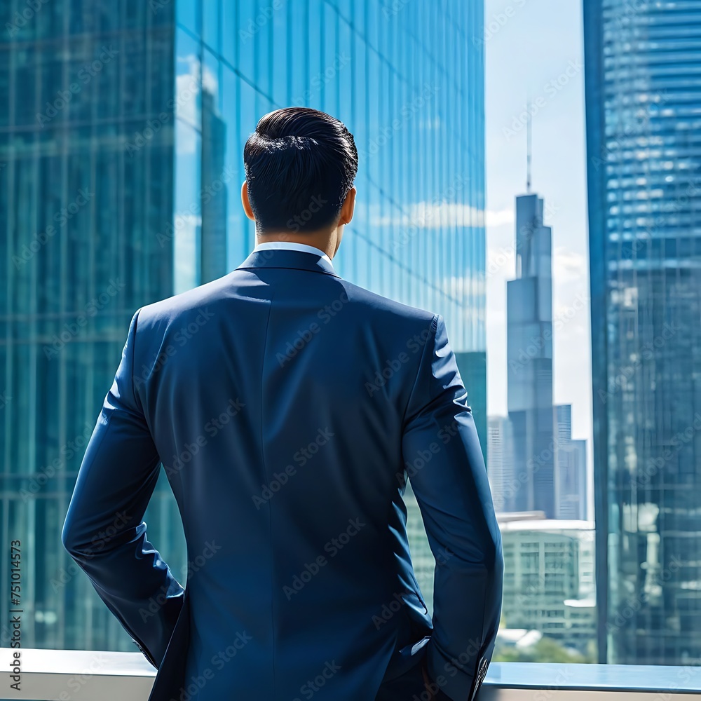 Fototapeta premium back view of a businessman looking from his office