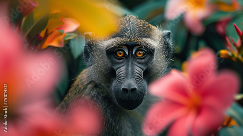 Baboon's Captivating Gaze Amid a Medley of Lush Tropical Flowers, Natural Curiosity