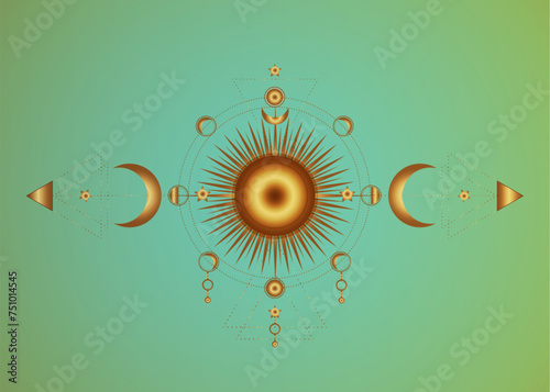 Circle of a moon phases and radiant sun, gold sacred geometry. Triple moon pagan wiccan goddess symbol. Mystical Tattoo, astrology, alchemy, boho and magic symbols. Old vintage background 