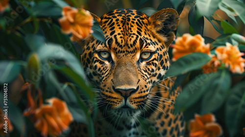 Leopard s Piercing Gaze Through Orange Blossoms  Silent Hunter in Bloom