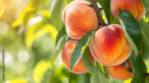 Closeup of Ripe Peaches on Tree Branches, fruit, peach tree, harvest, agriculture