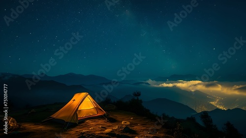 Tent on Mountain Summit, starry night camping, camping trip, nature, landscape © asura