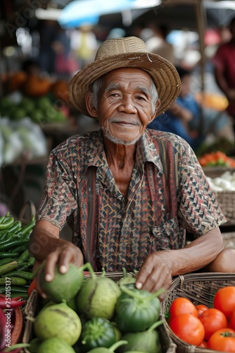 an old Indonesian male trader selling at the market
