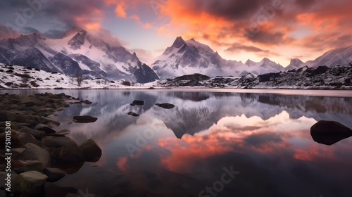 Panorama of snow-capped mountains and lake at sunset with reflection in water