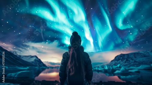 Mystical Northern Lights Display Over Snowy Landscape with Silhouette of Person Gazing Upward