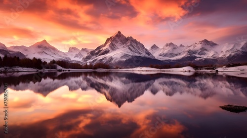 Panoramic view of snow capped mountain peaks reflected in water at sunset