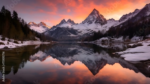 Panoramic view of the snow-capped mountain peaks reflected in a lake at sunset