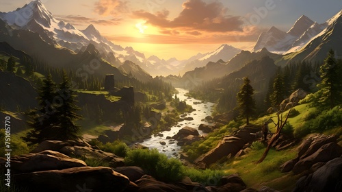 Panoramic view of the river and mountains at sunrise. 3d render