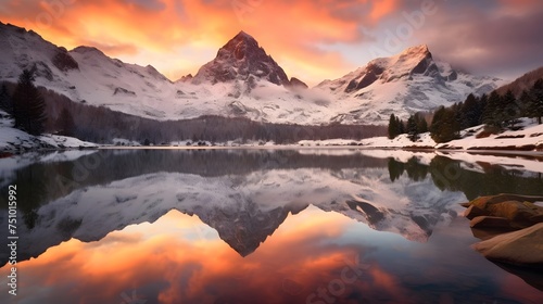 Panoramic view of a mountain lake at sunset with reflection in water