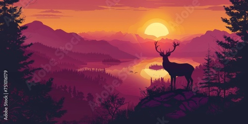 deer silhouette on a hilltop near the lake at dusk Generative AI