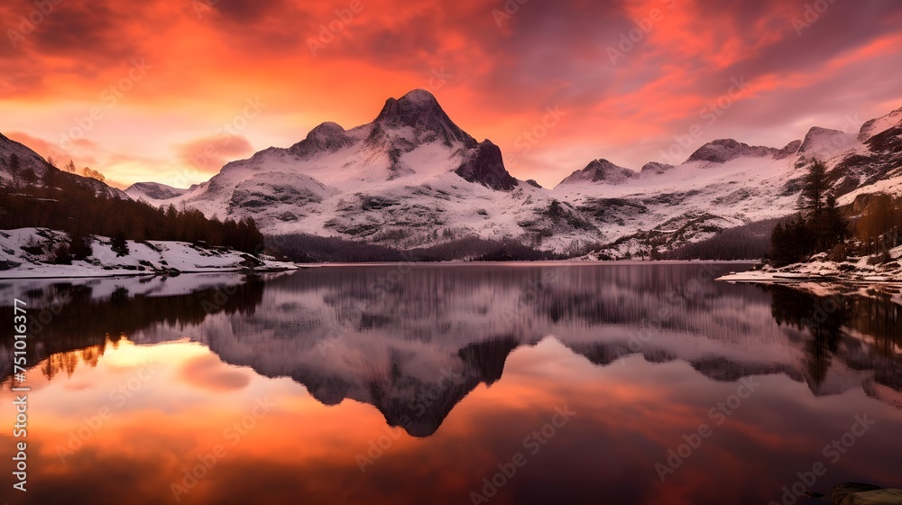 Panoramic view of the snowy mountains reflected in the lake.