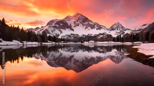 Panoramic view of snowy mountains reflected in lake at sunset. © Iman