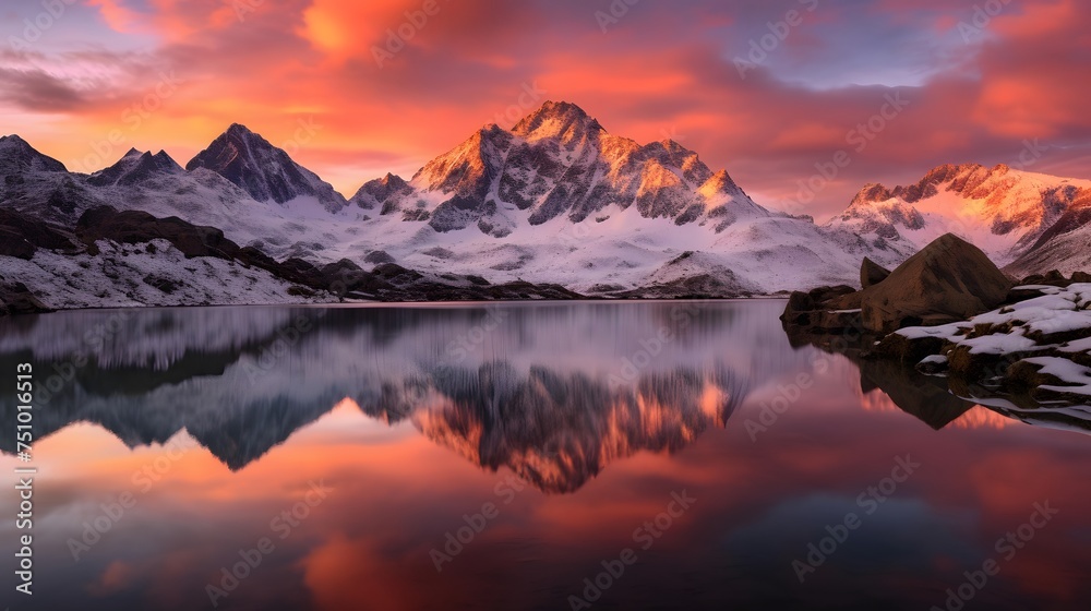 Fantastic panorama of snow-capped mountains reflected in lake at sunset