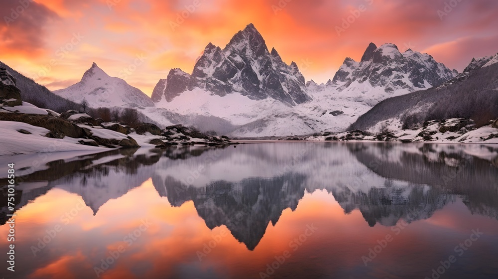Panorama of the snowy mountains reflected in the lake at sunset.