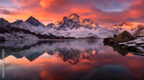 Fantastic panorama of snow-capped mountains reflected in lake at sunset photo