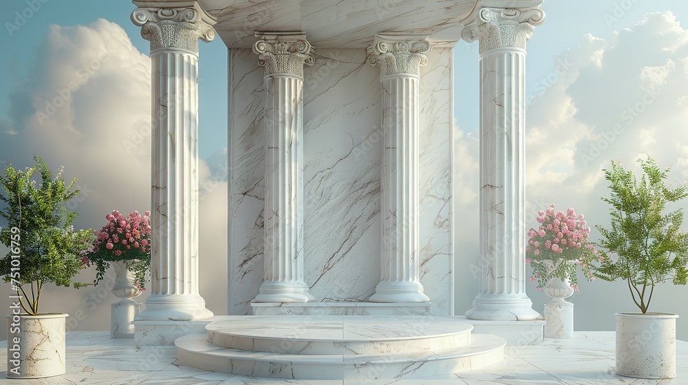 Naklejka premium Background podium column 3d roman luxury greek white ancient display product classic. Podium platform background column pillar stage minimal stand beauty design greece render scene plant cosmetic rome